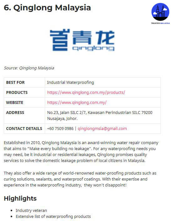 Qinglong Waterproofing company 