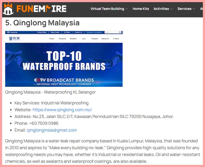 QINGLONG Was Selected The Best Waterproofing Services 2021 in KLANG VALLEY.